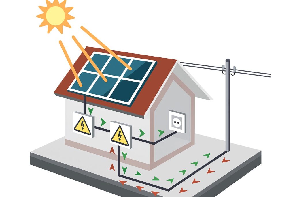 Immagine stilizzata che rappresenta il funzionamento di un impianto grid connected