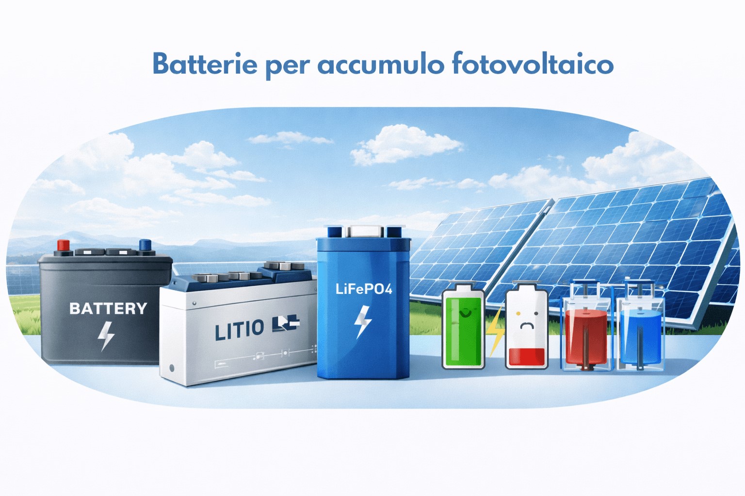 Immagine stilizzata raffigurante i diversi tipi di batterie per accumulo fotovoltaico.