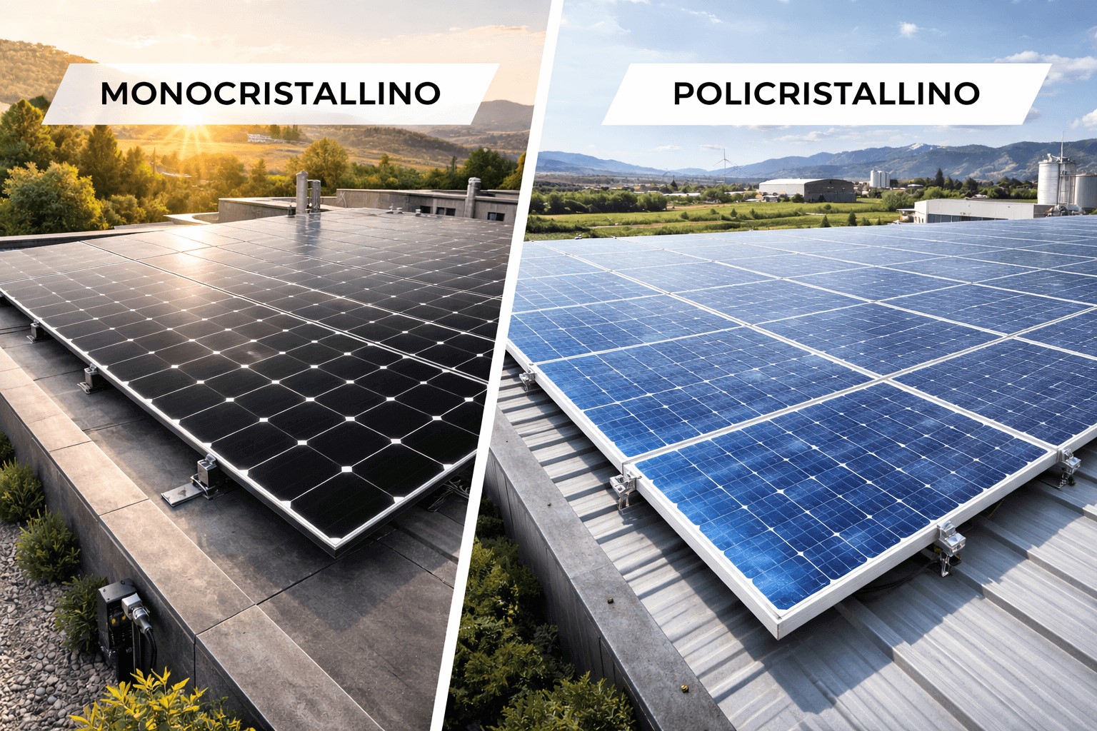 Pannelli fotovoltaici policristallini o monocristallini. Immagine divisa in due.