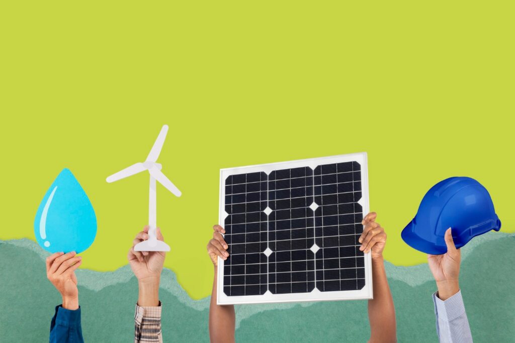 Grafica con braccia che sbucano dal basso e tengono in mano elementi energetici