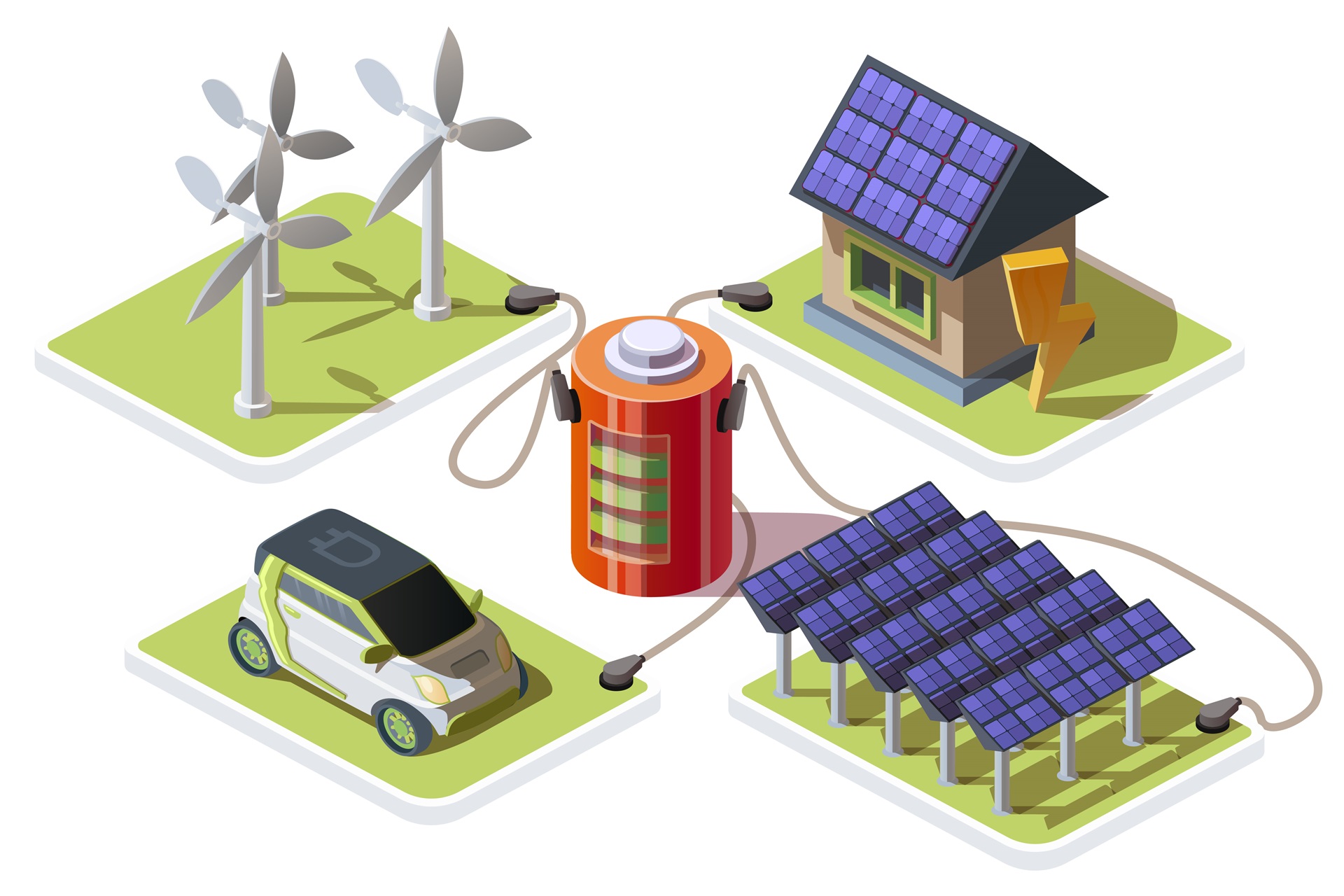 Rappresentazione di pannelli solari, turbine eoliche e un'auto, evidenziando l'energia rinnovabile e la sostenibilità