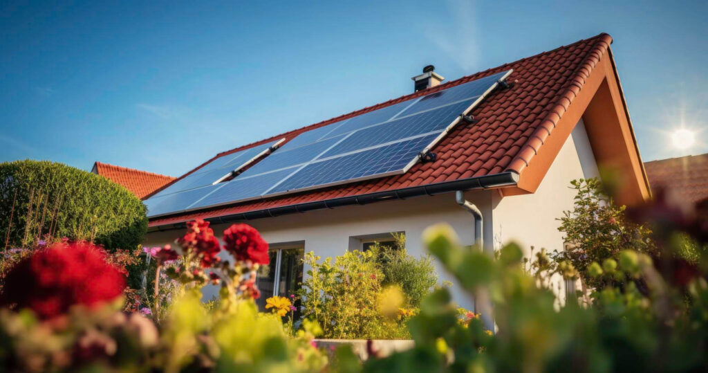 casa moderna con impianti fotovoltaici sul tetto e immersa in un giardino con fiori gialli e rossi in primo piano